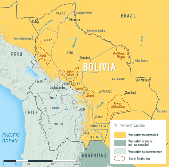 Map 2-2. Yellow fever vaccine recommendations in Bolivia1