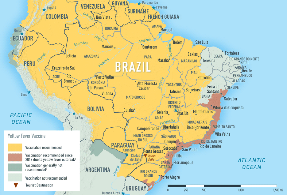 Map 2-5. Yellow fever vaccine recommendations in Brazil1