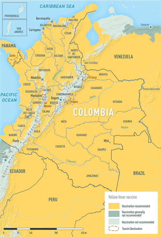 Map 2-9. Yellow fever vaccine recommendations in Colombia1
