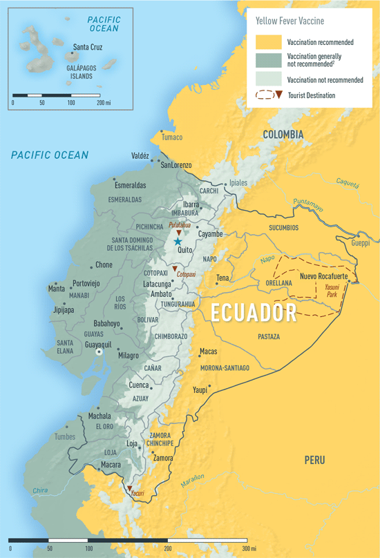 Map 2-11. Yellow fever vaccine recommendations in Ecuador1