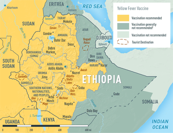 Map 2-13. Yellow fever vaccine recommendations in Ethiopia1