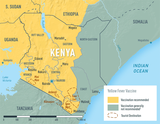 Map 2-16. Yellow fever vaccine recommendations in Kenya1