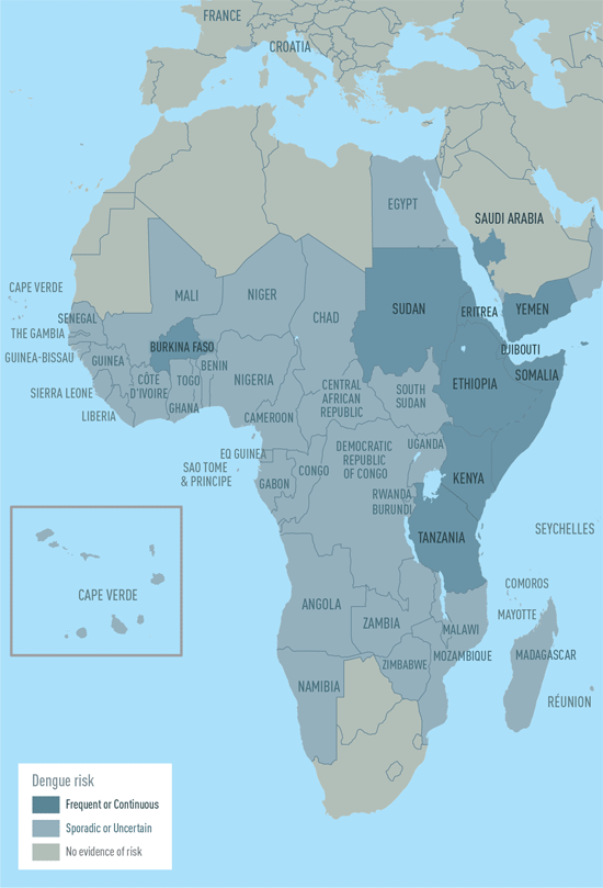 Map 4-2. Dengue risk in Africa, Europe, and the Middle East