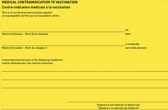 Figure 4-3. Medical Contraindication to Vaccination section of the International Certificate of Vaccination or Prophylaxis (ICVP)