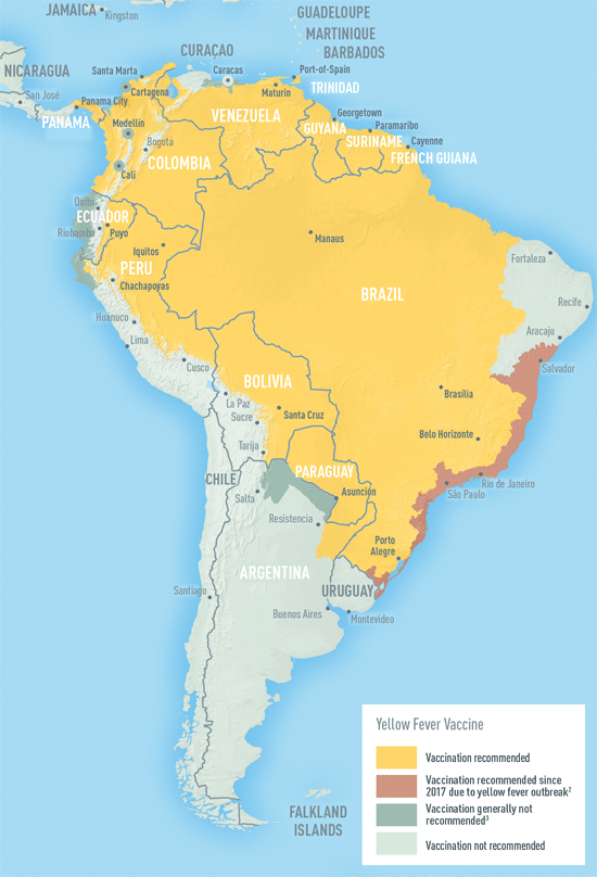 Map 4-14.Yellow fever vaccine recommendations in the Americas1