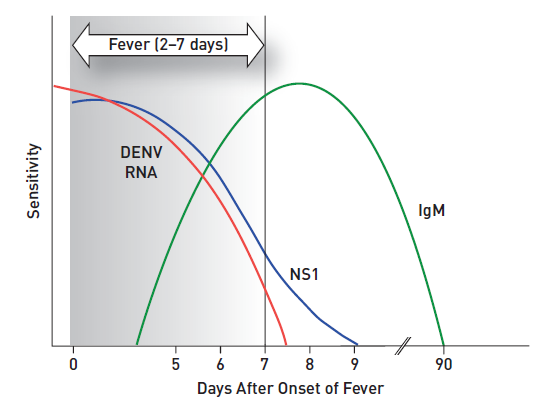 Figure 4-1.Relative sensitivity of detection of dengue virus nucleic acid, antigen, and IgM1
